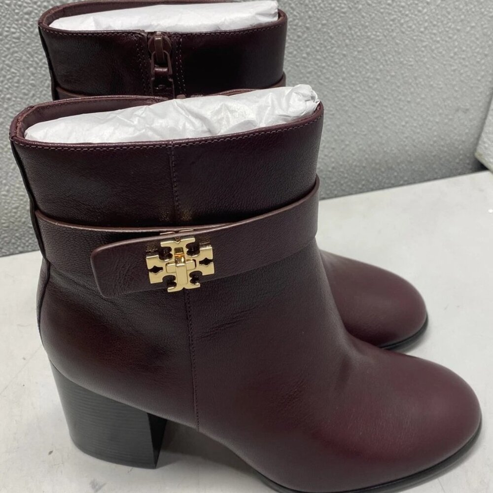 Tory Burch TurnLock Heeled Ankle Boot Womens US 7.5 Dark Carmine Leather Zip Up